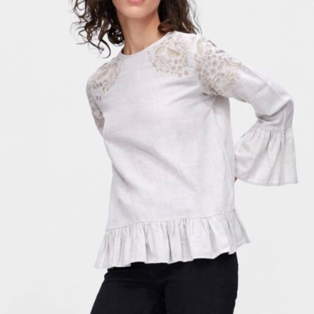 ZARA BASIC EMBROIDERED BEIGE TOP/ RUFFLED HEM sz M - Picture 1 of 10
